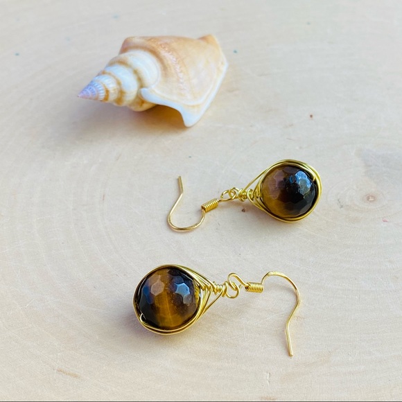 Tiger Eye Earrings Wire Wrapped Dangle Gold - Picture 1 of 5